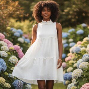 Pomander Place Morgan Gauze Cotton Mock Neck Mini Dress White NWT S